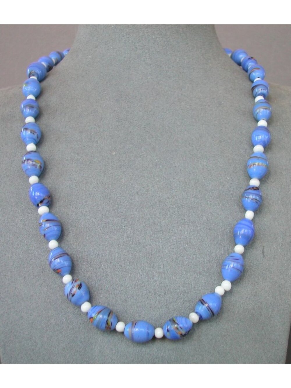 Necklace with Barrel Shaped Glass Beads/ White Spacer Beads 20 inches